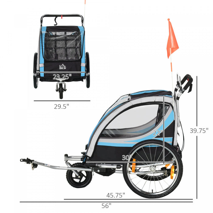 Aosom 2-in-1 Bike Trailer For Kids 2 Seater, Baby Stroller With Brake, Storage Bag, Safety Flag, Ref