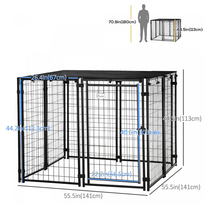 Pawhut Outdoor Dog Kennel, Welded Wire Steel Fence, Lockable Pet Playpen Crate, With Top Cover, Door
