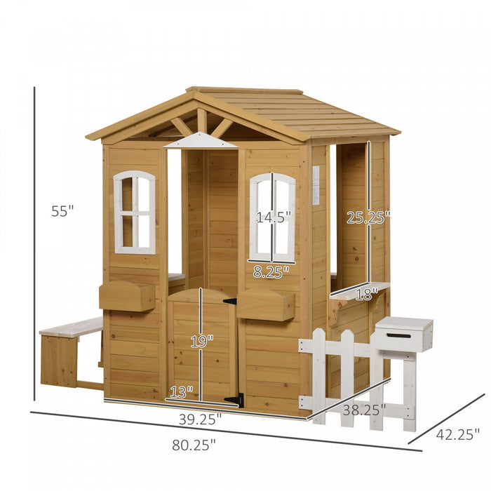 Outsunny Playhouse For Kids Outdoor With Door Windows Mailbox Flower Pot Holder Serving Station Benc