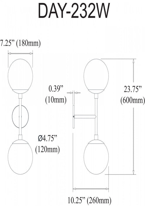 Dainolite Dayana 2 Light Wall Sconce Aged Brass White Glass Lamp