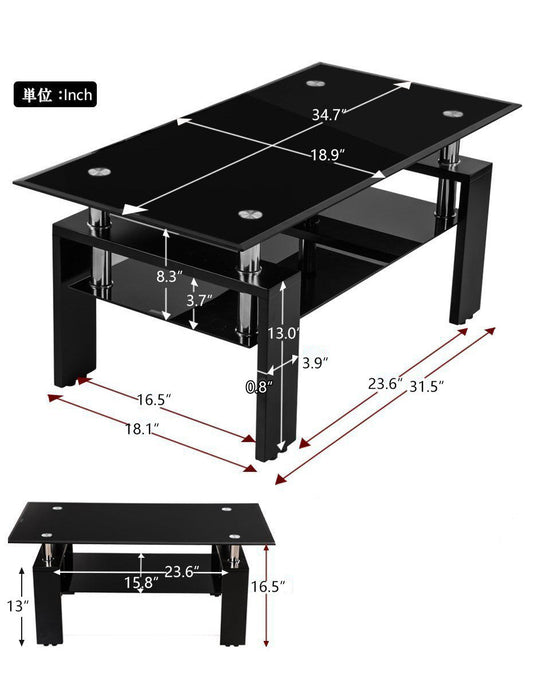 Lucius Modern Geometric Design Tempered Glass Coffee Tablewith Metal Frame and Clear Glass,Black  
