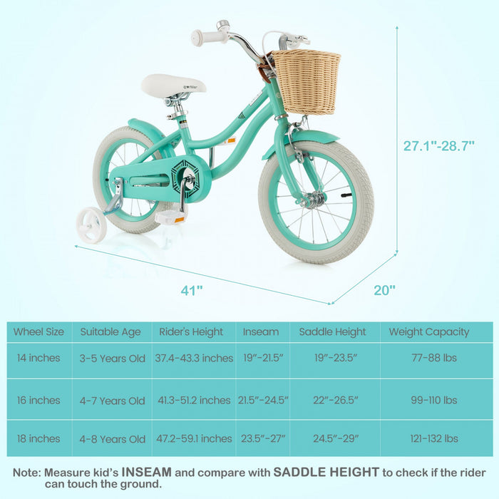 Prorider 14" Kid's Bike With Training Wheels Adjustable Handlebar Seat Handbrake Green