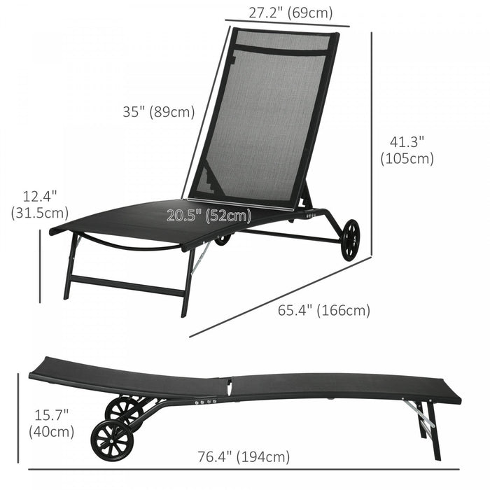 Outsunny 2pcs Lounge Chairs With Wheels, 5-level Adjustable Backrest, Black