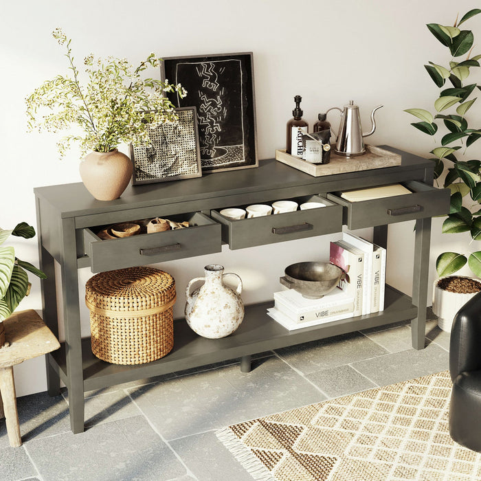 Emma 59.1'' Farmhouse Entryway Table with Drawers and Open Shelf,Grey Sofa Table  