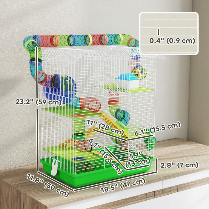 Pawhut 18.5" Hamster Cage, 5 Tiers Small Animal House With Tunnel Tube System, Exercise Wheel, Water Bottle, Food Dish, Ramp, Green