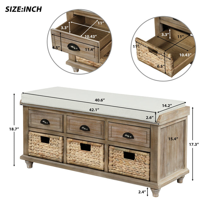 Harvey Solid Wood Storage Bench With Drawers And Rattan Baskets - Light Brown 