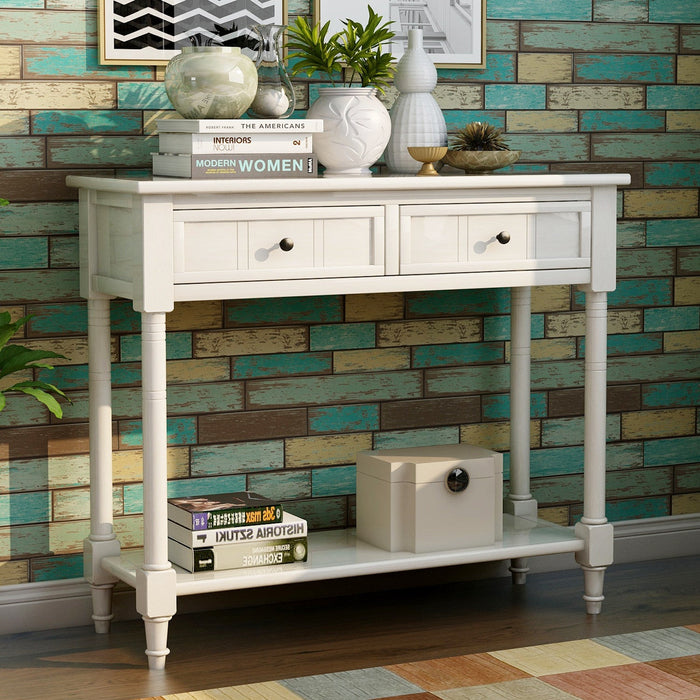 Jeremy Solid Wood Traditional Console Table With Drawers And Shelf - Ivory White 