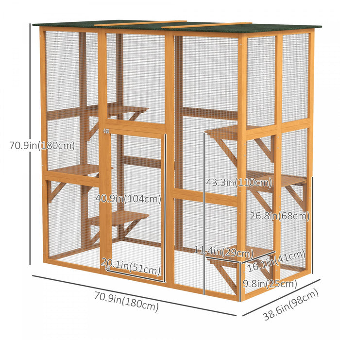 Pawhut Large Outdoor Catio Enclosure, Weatherproof Cat House With Asphalt Roof, Wooden Cat Patio Cag