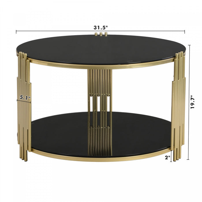 Nancy 31.5\" Round Mirror Coffee Table With Lower Shelf - Black 
