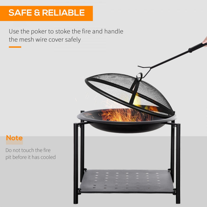 Outsunny 74cm Outdoor Fire Pit With Screen Cover And Storage Shelf, Wood Burning Fire Bowl With Poke