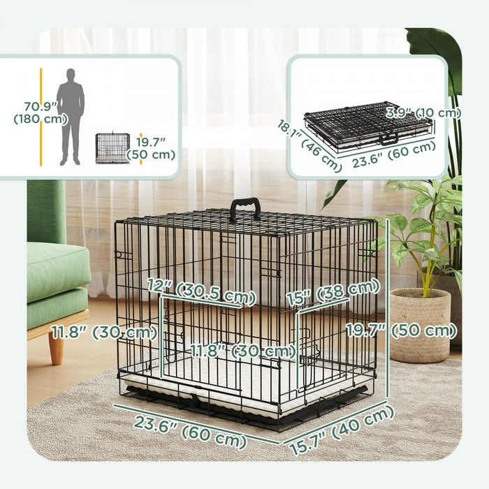 PawHut Dog Crate, 24" Folding Metal Dog Kennel with 2 Doors, Removable Tray, Soft Cushion, Handle, Pet Cage for Extra Small Dogs, Black