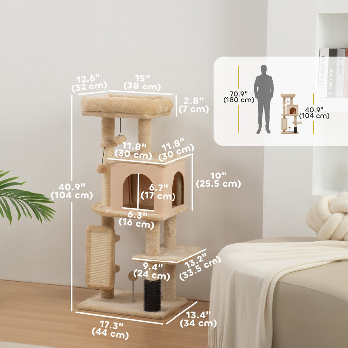 PawHut Cat Tree for Large Cat Adults, 41 Inch Cat Tower for Indoor Cats w/ Scratching Posts, Cat Bed, Condo, Grooming Brush, Jumping Platforms, Toy Balls, Anti-tip Kit, Beige