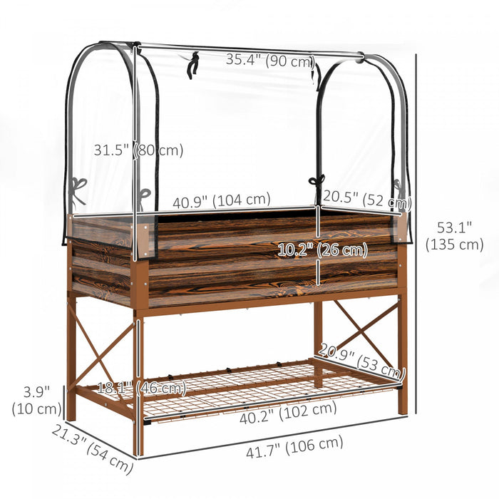 Outsunny Metal Raised Garden Bed with Cover, Dark Brown Wood Effect