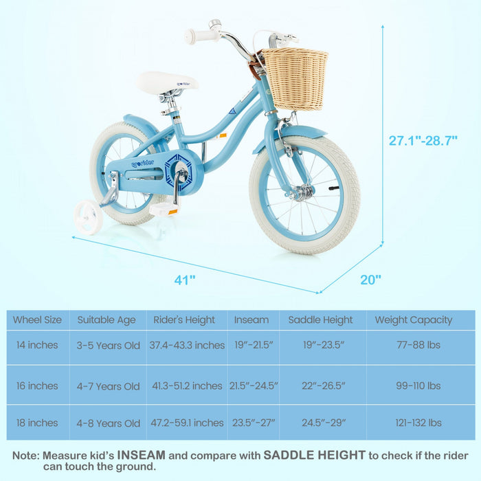 Prorider 14" Kid's Bike With Training Wheels Adjustable Handlebar Seat Handbrake Blue
