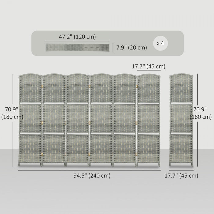 HOMCOM Folding Privacy Screen with Shelves, 6 Panel Room Divider, Grey