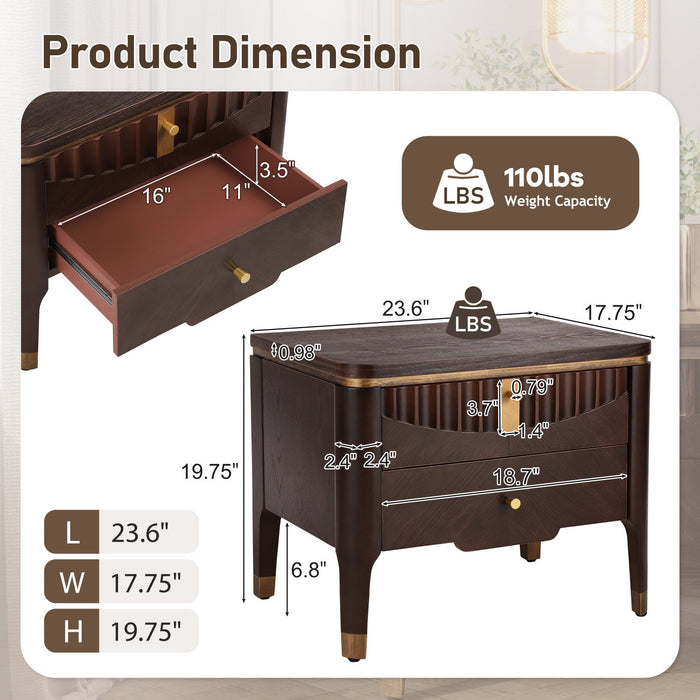 Liam Modern Wave Design Nightstand with 2 Storage Drawers,Dark Brown  