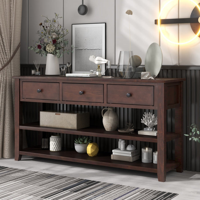 Wendy Solid Wood Console Table With 3 Drawers And 2 Open Shelves,espresso Accent Cabinet 