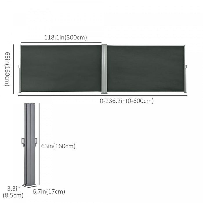 Outsunny Double Retractable Side Awning 236\" X 63\" Patio Screen Grey