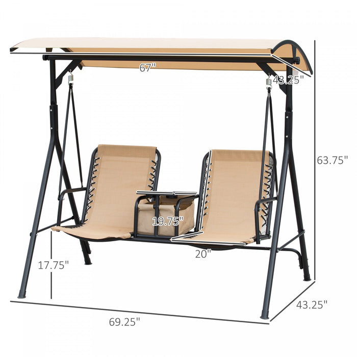 Outsunny 2 Person Covered Porch Swing Patio Swing With Pivot Storage Table, Cup Holder, & Adjustable
