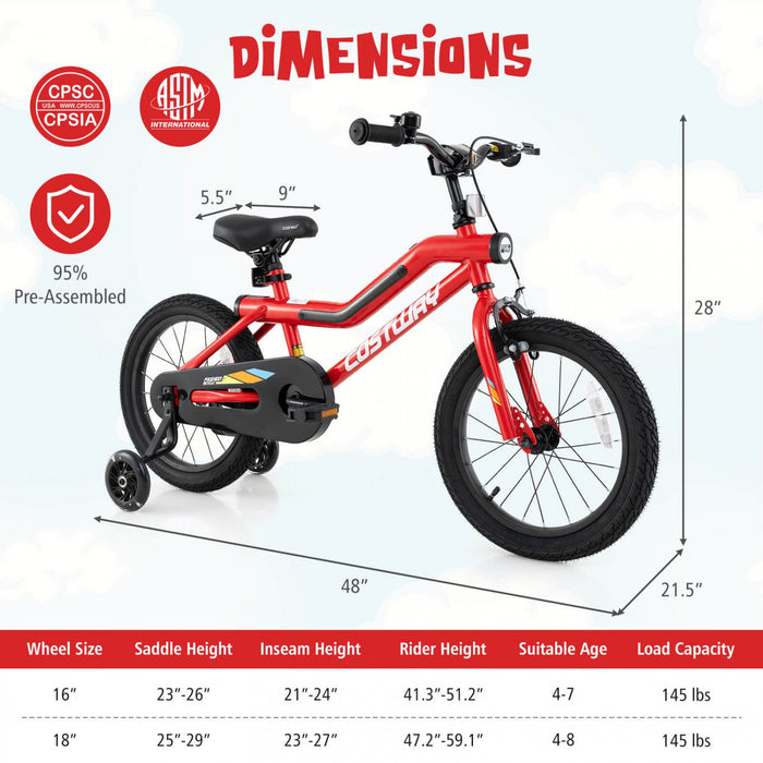 Costway 16" Led Lighted Kids Bike With Adjustable Seat Coaster Brake Training Wheels Red