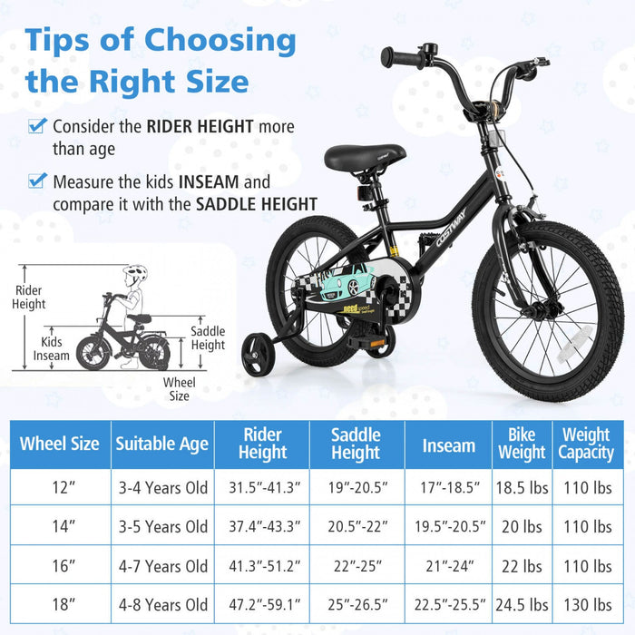 Costway 16" Kids Training Bike With Removable Training Wheels Pneumatic Tires Black