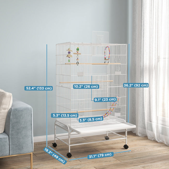Pawhut 52" Bird Cage For Budgies Cockatiels Canaries Lovebirds Finches With Rolling Stand, Toys, Removable Tray, Storage Shelf, White