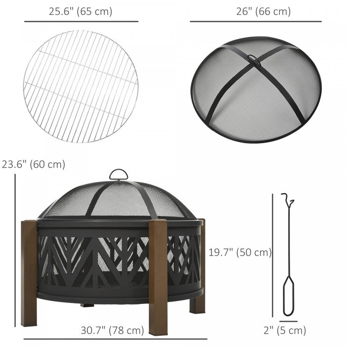 Outsunny 31" Fire Pit, 2-in-1 Wood Fire Pit Brazier With Lid, Grill, Black
