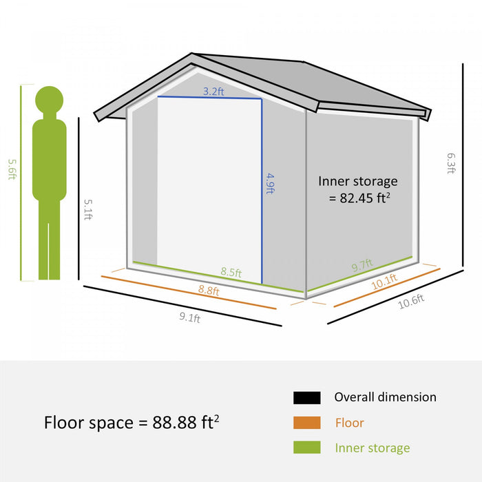 Outsunny 9' X 11' Metal Storage Shed With Floor Foundation, Garden Tool House With Double Sliding Do