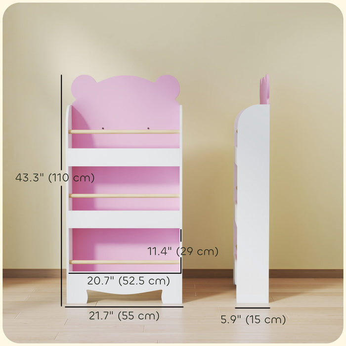 Qaba Kids Bookshelf, 3-tier Book Shelf Organizer, Bear Theme Toddler Space-saving Wall Bookcase For Living Room, Kids Room, Playroom, Pink