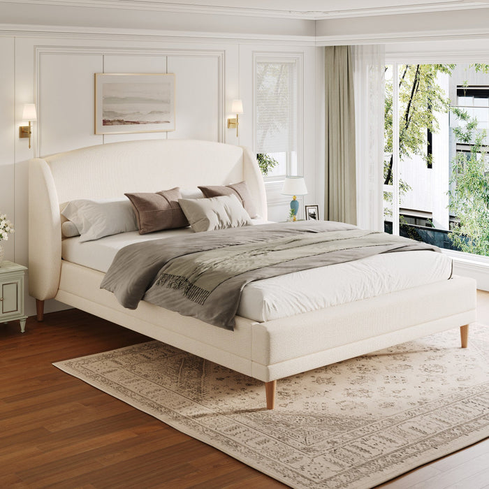 Jeffrey Upholstered Bed with Boucle Wingback Headboard,Queen Size - White 