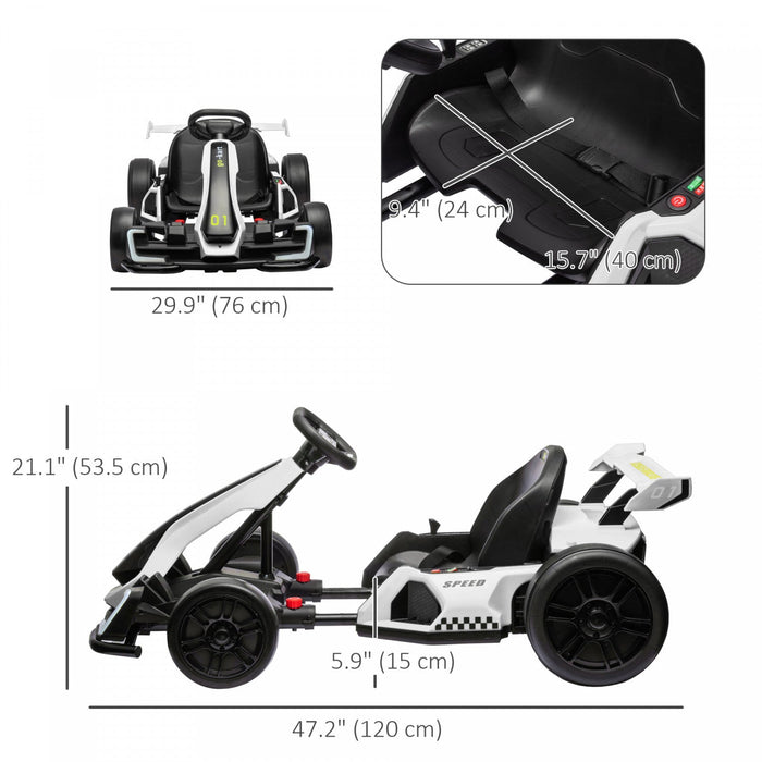 Aosom Go Kart, 24v Electric Kids Drift Kart With Adjustable Seat, Slow Start, Seat Belt, Horn, Music, Light, Battery Powered Ride On Cart For 6-12 Years Old, White