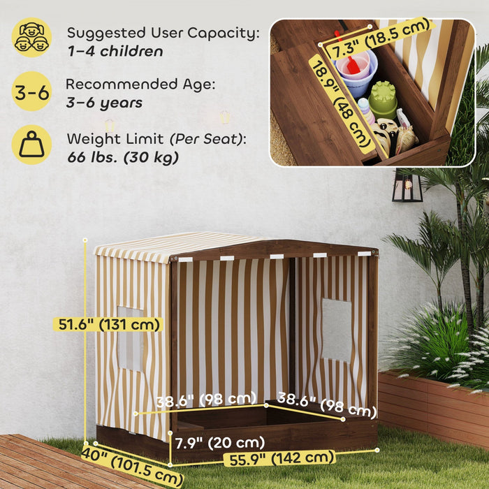 Qaba Kids Sandbox with Cover, Children Sandbox, Outdoor Wooden Sand Pit with Bench Seats and Bottom Liner, Kids Backyard Beach Playset for Ages 3-6, 56" x 40" x 52"