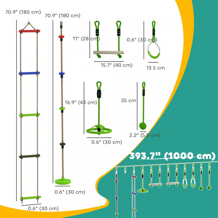 Qaba Obstacle Course for Kids, 32.8ft 10 Piece Zip Line Stackline for Kids, with 2 Monkey Bars, 2 Gym Rings, Rope Ladder, Nest Swing, Tree Protector, Bags, Hanging Tray, Rope Knots
