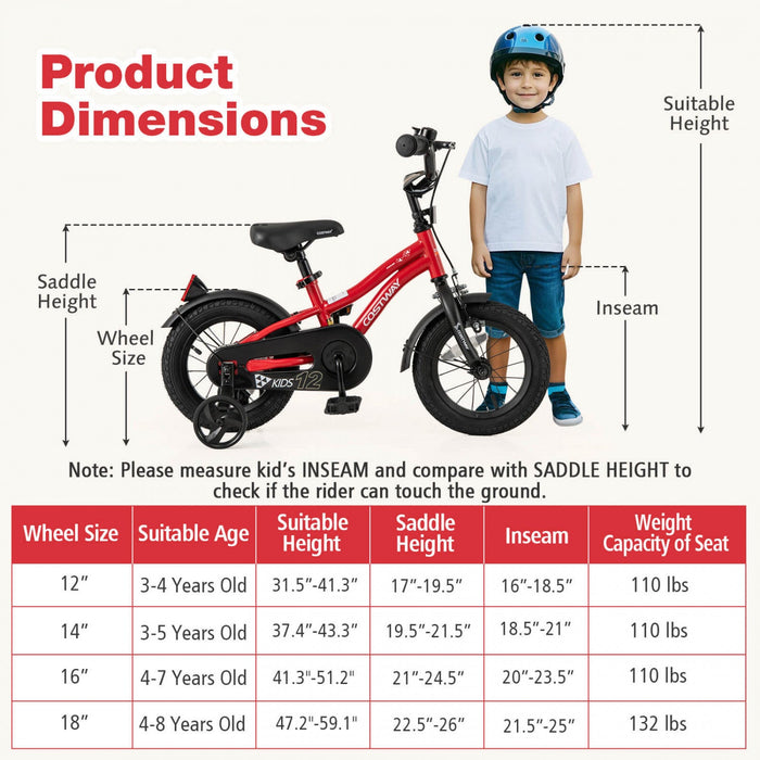 Costway 12" Kids Bike For 3-4 Years Old Boys & Girls With Adjustable Seat Handbrake Reflectors Red