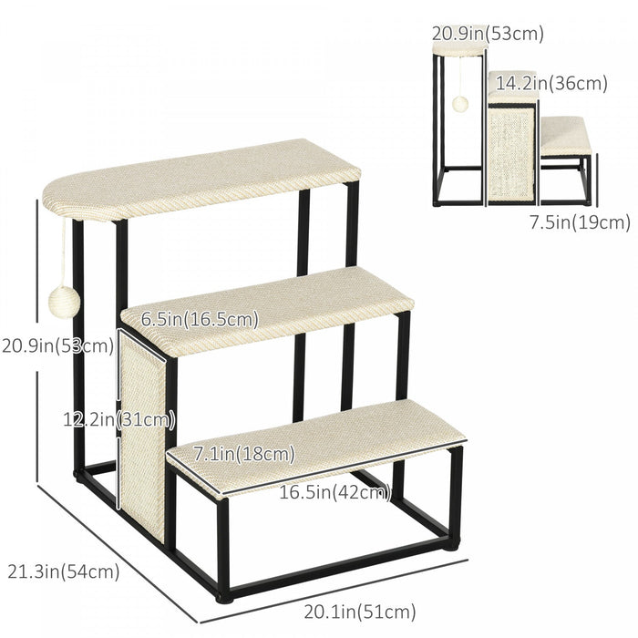 Pawhut 20\" 3 Steps Cat Stairs, Carpeted Ladder Ramp, Pet Steps With Scratching Board And Hanging Bal