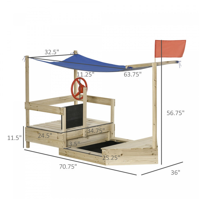 Kids Wooden Sandbox With Cover, Foldable Play Station, Covered Children Sand Boat Outdoor, W/flag, B