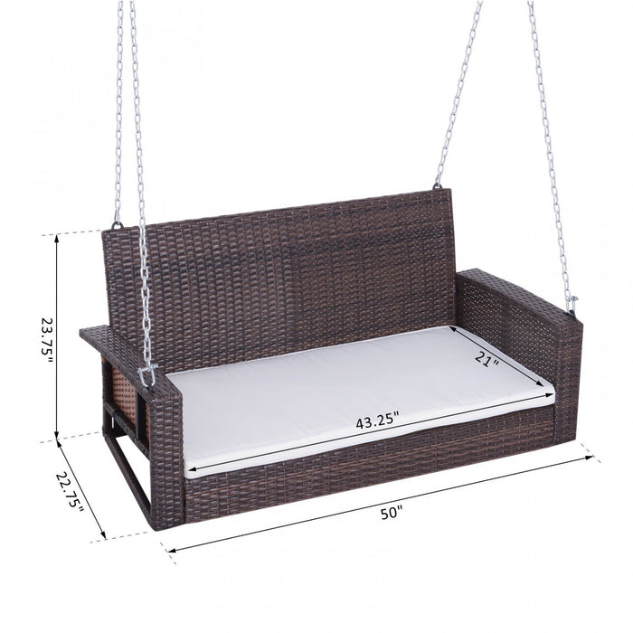 Outsunny 2-person Patio Porch Swing Chair, Outdoor Rattan Hanging Bench With Cushion & 7.2 Ft Steel 