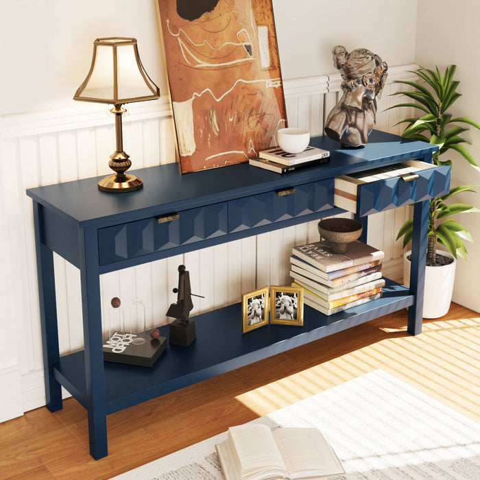 Oliver 60'' Fir Veneer Entryway Table with Honeycomb Design and Drawers, Navy Blue Sofa Table  