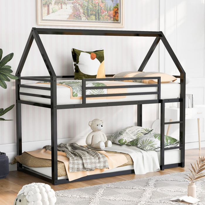 Liam House Bunk Bed with Built-in Ladder and Metal Frame,Twin Over Twin Size,Black  