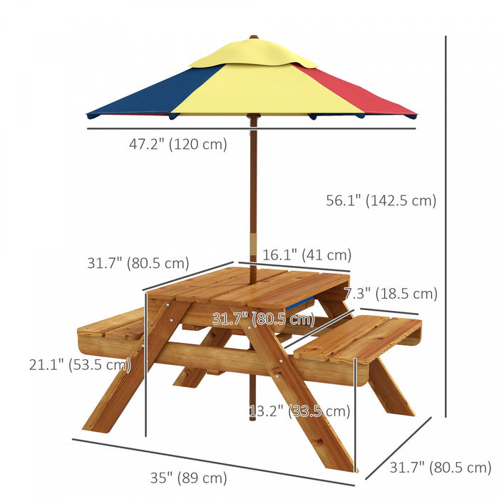 Outsunny Kids Picnic Table, 3-in-1 Sand And Water Table Wooden With Removable Foldable Umbrella, Det