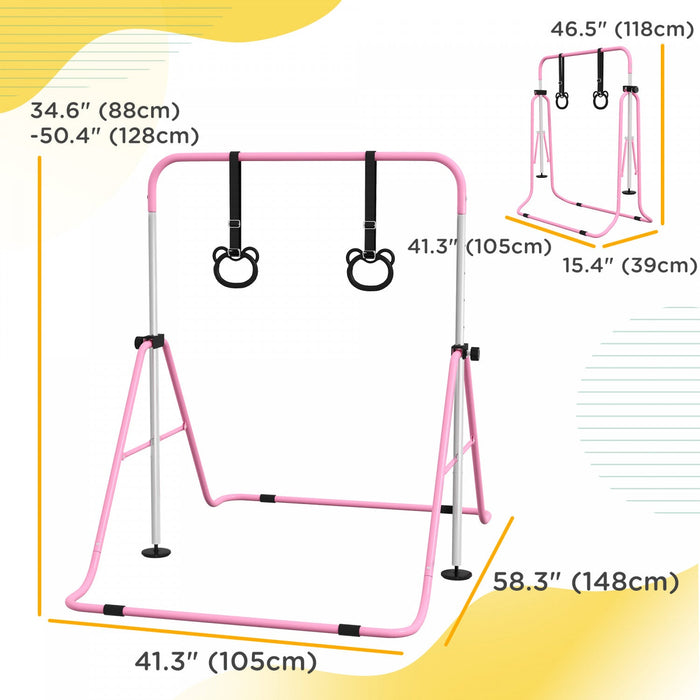 Qaba Gymnastics Bar For Kids, 35"-50" Adjustable Height Foldable Horizontal Bar With Gymnastics Rings, Non-slip Rubber Floor Rings, For Home Training Equipment, Pink