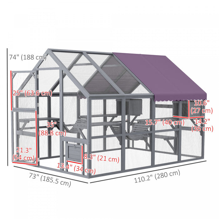 Pawhut Catio Outdoor Cat Enclosure Wooden Feral Cat House With Weatherproof Canopy, Bridges, Resting