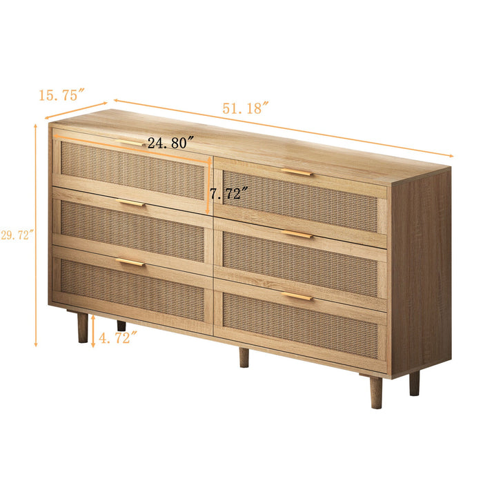 51.18\" Mila Modern 6 Drawer Rattan Storage Cabinet with Engineered Wood Frame - Natural 