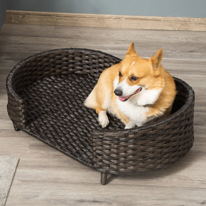 Pawhut Rattan Pet Sofa Indoor & Outdoor, Raised Wicker Dog Bed, Cat Couch, With Soft Cushion Washabl