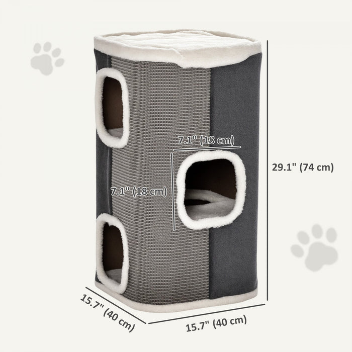 PawHut 4-Story Barrel Shaped Cat Condo, 29" Large Cat House for Indoor with Scratching Surface, Removable Soft Top Plush Bed, 3 Hideaways, Kitty Cave Bed Furniture for Kittens