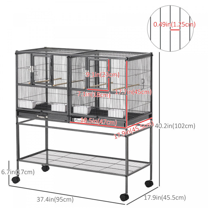 Pawhut 40 Inch Large Double Rolling Metal Bird Cage Bird House With Removable Metal Tray, Storage Sh