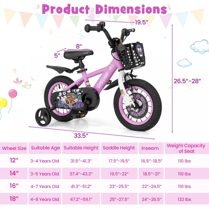 Costway 12" Kid's Bike For 3-4 With Height-adjustable Handlebar & Saddle Handbrake Purple