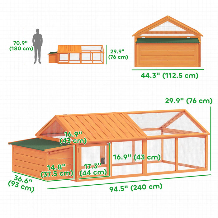 Pawhut 95"L Large Chicken Run, Wooden Chicken Coop with Nesting Box, Lift-up Top, Side Door and Wooden Roof, Poultry Cage for Outdoor, for 4-8 Chickens, Rabbits, Ducks, Orange