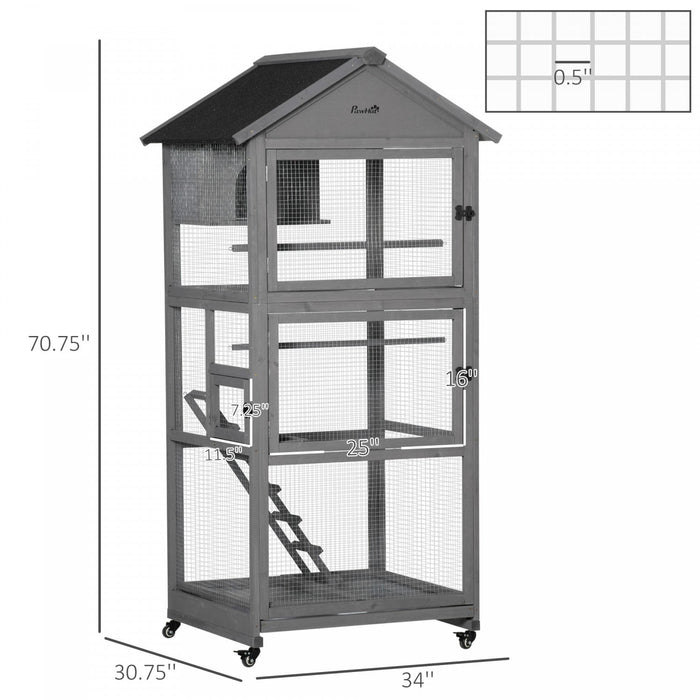 Pawhut 71\" Bird Cage Large Mobile Wooden Aviary For Canary Cockatiel With Wheel Perch Nest Ladder Sl