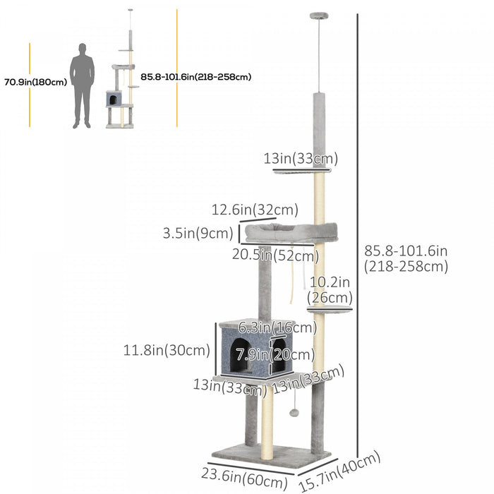 Pawhut Cat Tree Floor To Ceiling Cat Tower Height Adjustable( 85-101 Inches), Tall Large Cat Climbin